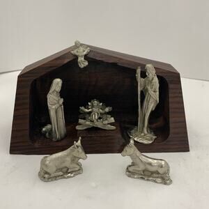 Peltro Inciso Miniature Nativity Set Christmas Pewter Wood Stable Made in Italy